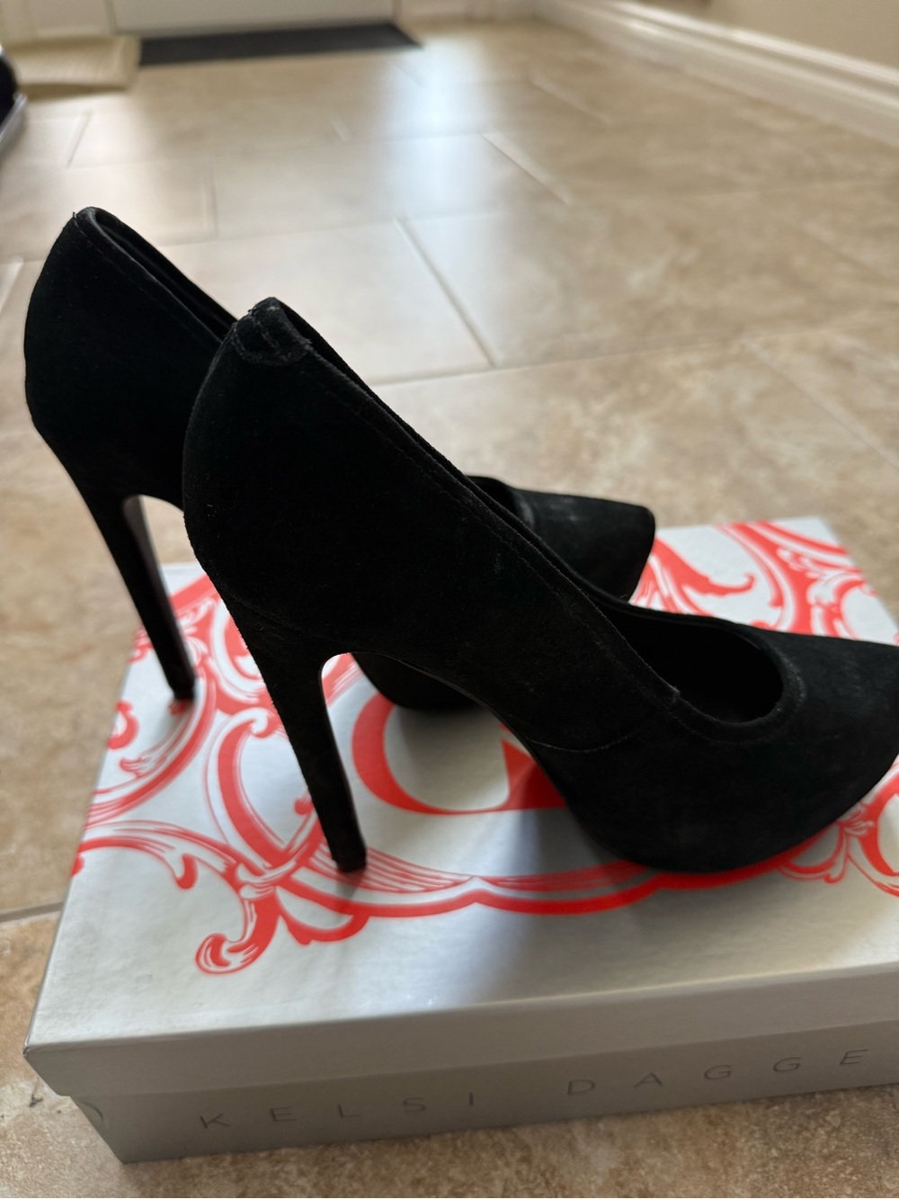 Kelsi Dagger Black Suede Pointed Pump Heels